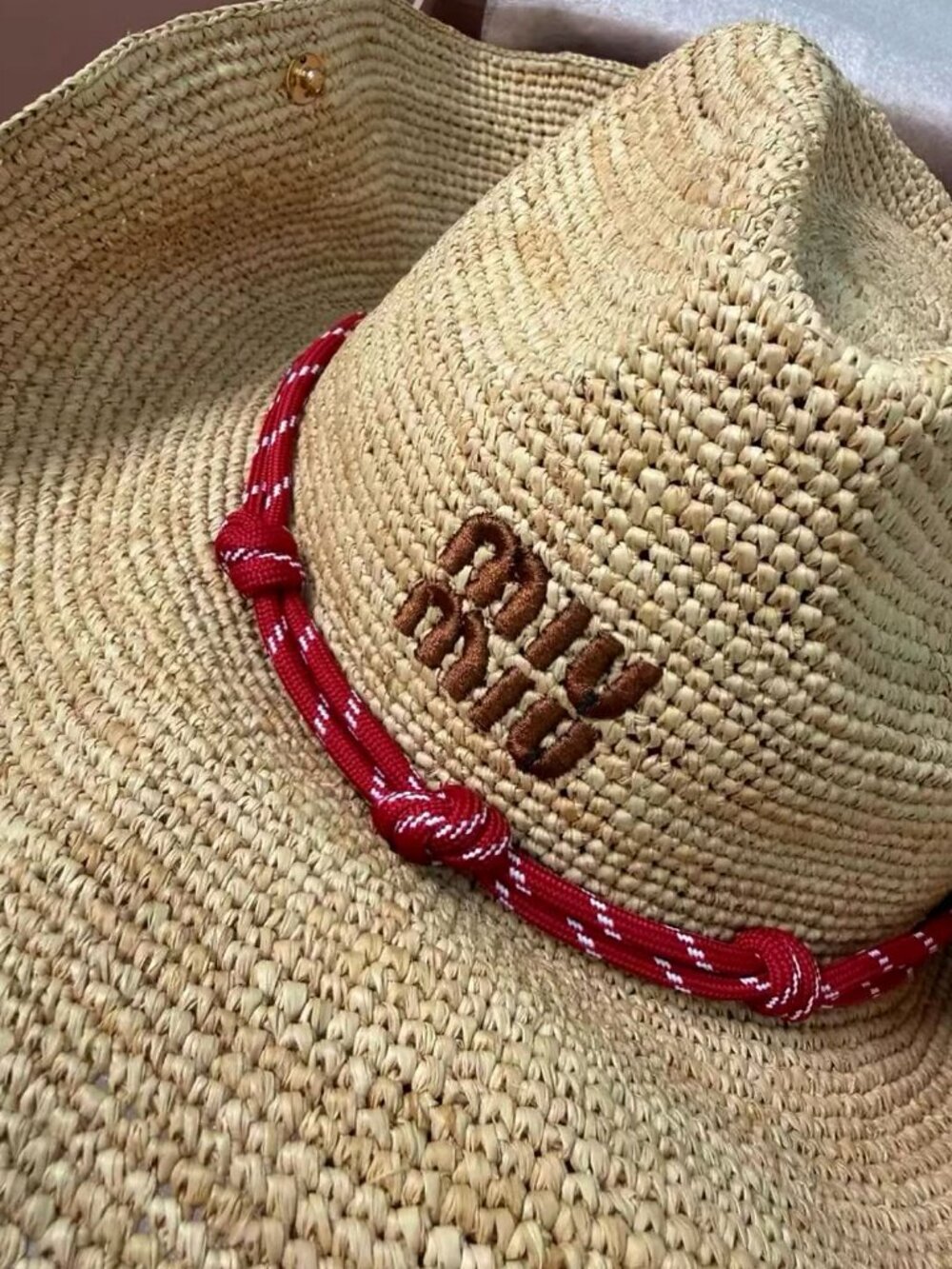 Miu Miu Woven Straw Red Rope Band Western Hat - Picture 4 of 7